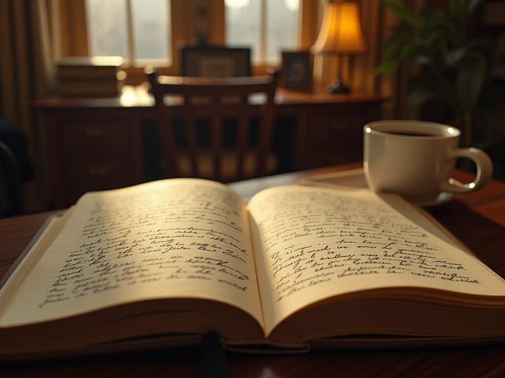 Уютный уголок с книгой, чашкой кофе на столе и тёплым светом в комнате.