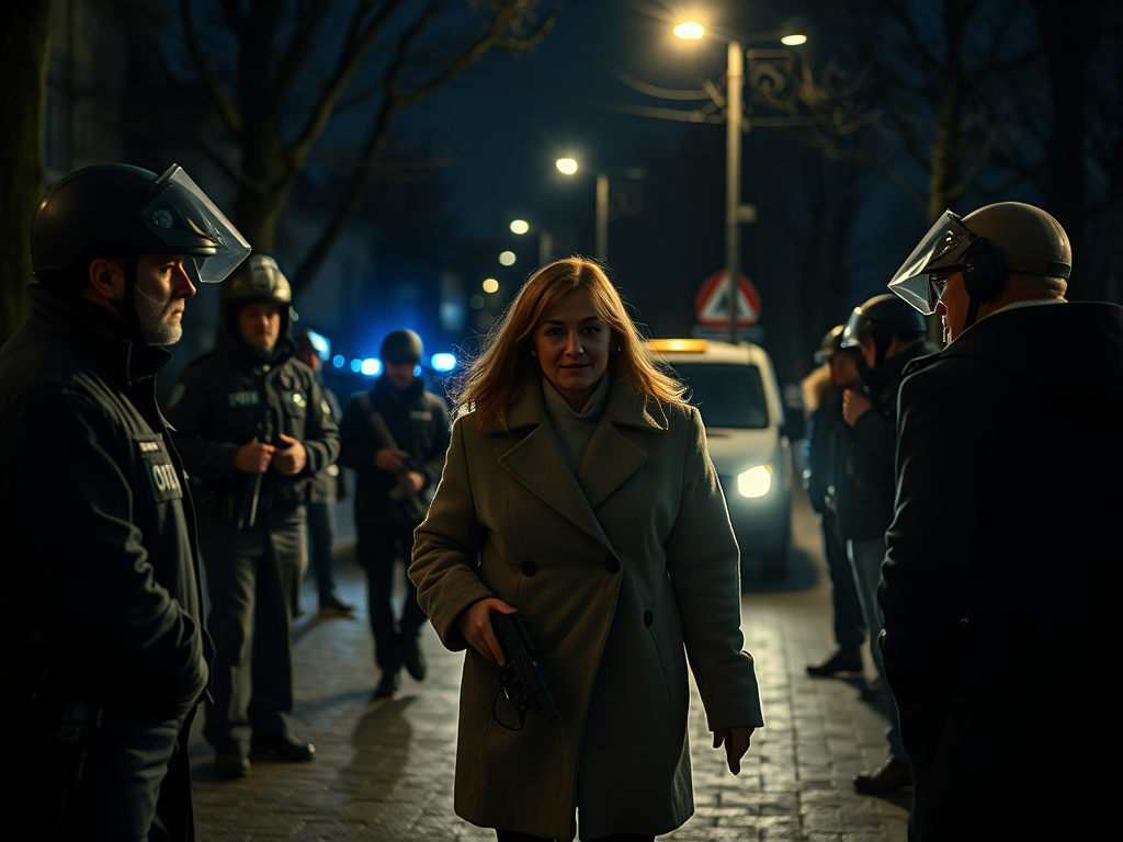 На улице в ночное время женщина с оружием идет навстречу полиции в защитной форме. Темная атмосфера.